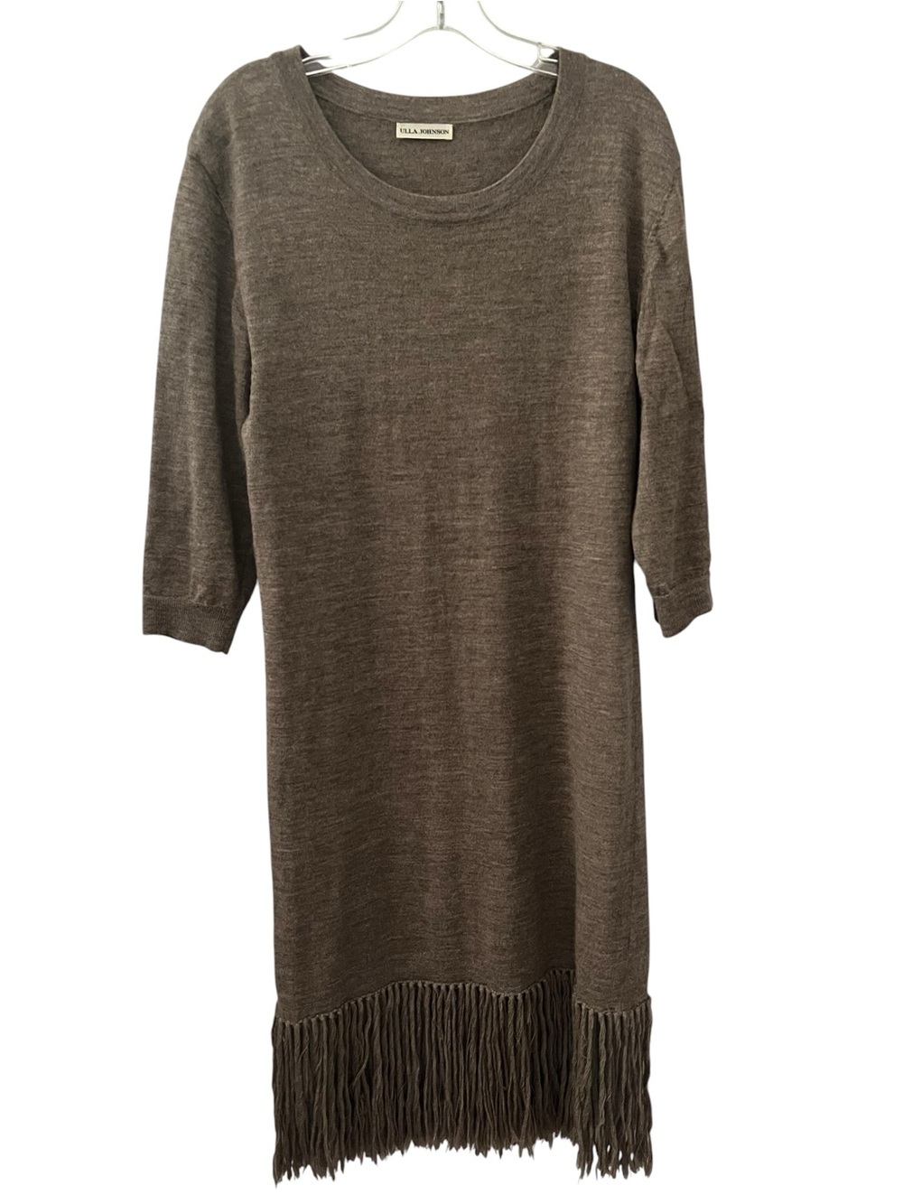 Ulla Johnson Baby Alpaca Gia Fringe Midi Dress Brown Tan Medium Boho Knit Luxury